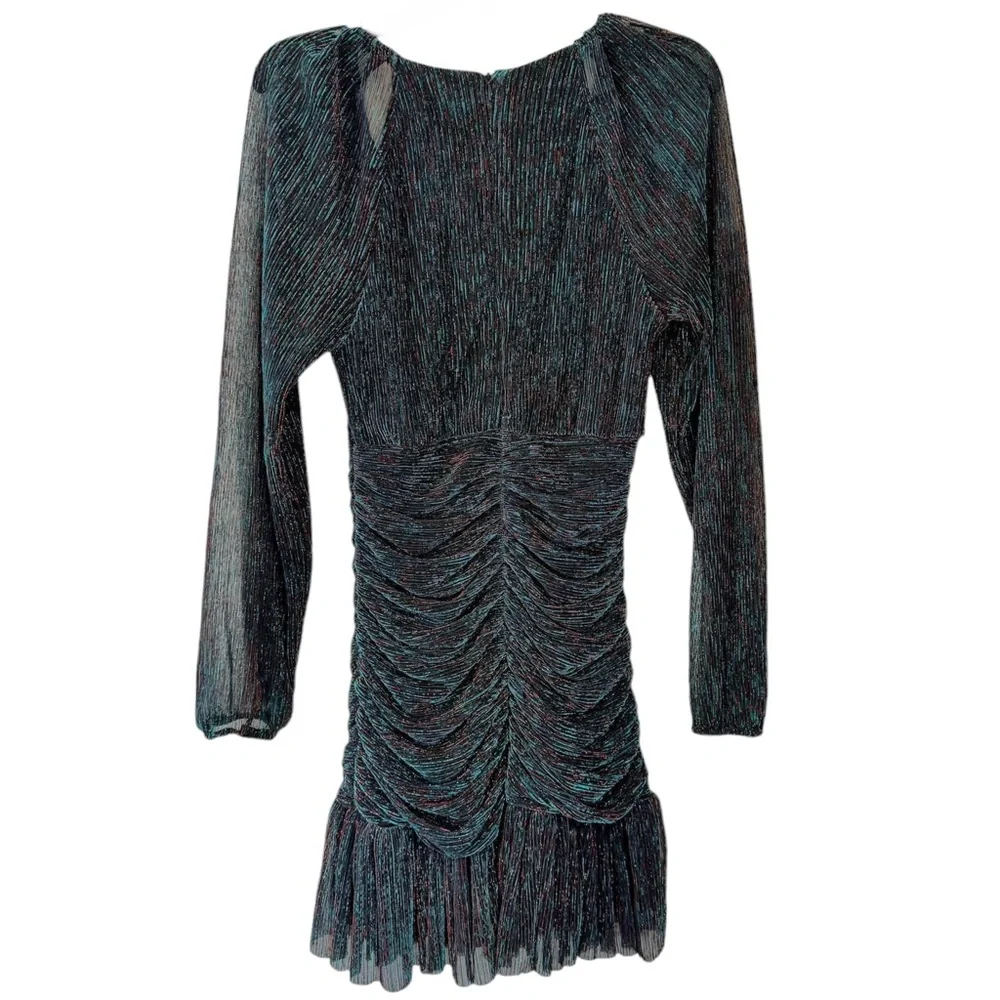 Skies Are Blue Runched Sheer Long Sleeve Black Teal Metallic Midi Dress - Picture 7 of 13